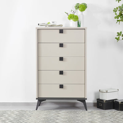 Tallboy with 5 Storage Drawers MDF Combination of Champagne and Black Colour with black handles on angled legs in minimal bedroom setting