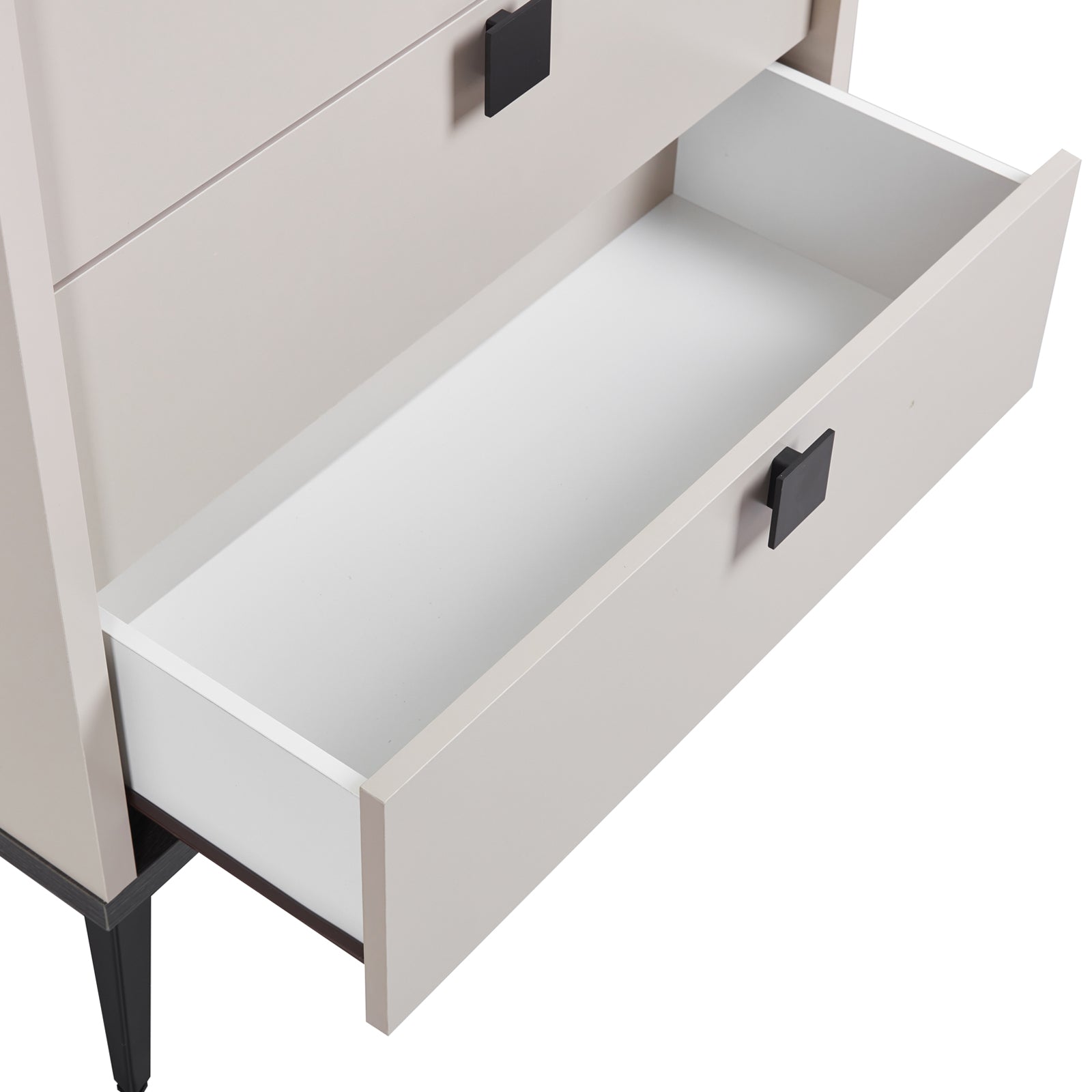 Tallboy with 5 Storage Drawers MDF Combination of Champagne and Black Colour showing open drawer with black handle and angled legs