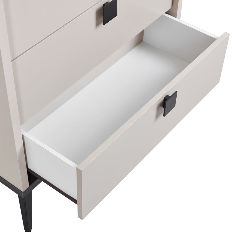 Tallboy with 5 Storage Drawers MDF Combination of Champagne and Black Colour showing open drawer with black handle and angled legs