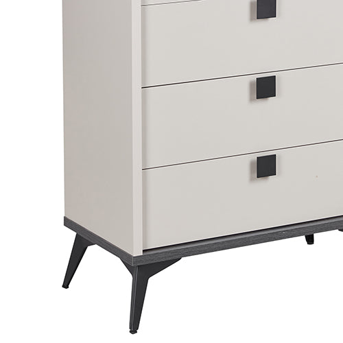 Tallboy with 5 Storage Drawers MDF Combination of Champagne and Black Colour with angled black legs and square handles