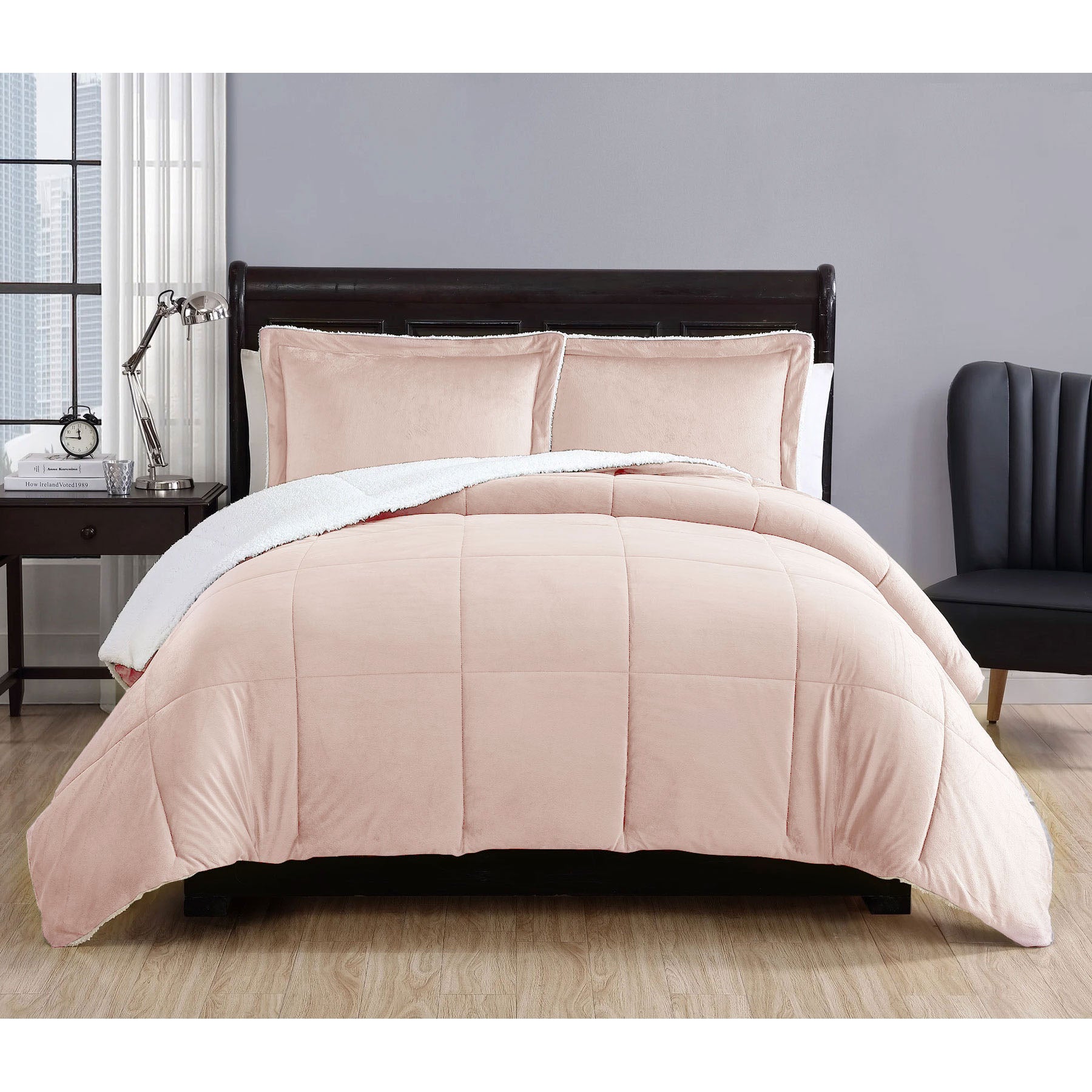 3 Piece Micro Mink Comforter Set Apricot King with quilted design on bed, shown in modern bedroom setting