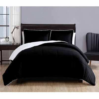 3 Piece Micro Mink Comforter Set Black King on dark wooden bed with black pillows and modern bedroom furniture