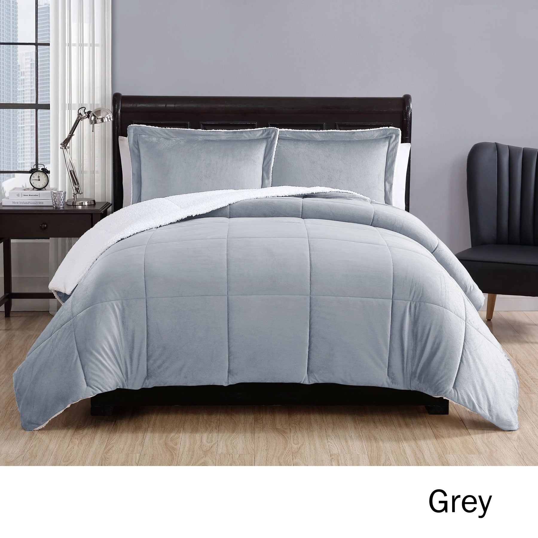 3 Piece Micro Mink Comforter Set Grey King on dark wood bed frame, styled in a modern bedroom setting with side table and chair