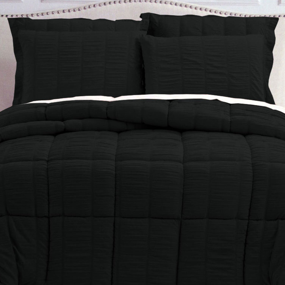 Hotel Living Seersucker Comforter Set King Black with textured square quilting on comforter and matching pillow shams