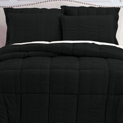 Hotel Living Seersucker Comforter Set King Black with textured square quilting on comforter and matching pillow shams