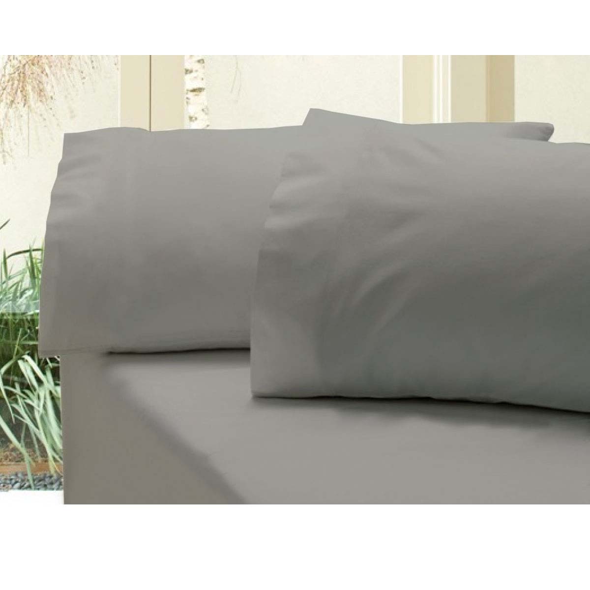 Revive 400TC Cotton Sateen Combo Set Double Koala Grey fitted sheet and pillowcases on bed in natural light setting
