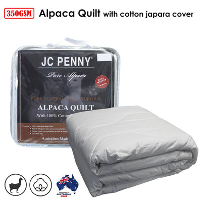 350GSM Alpaca Quilt with Cotton Japara Cover - King, folded light grey quilt with packaging on white background