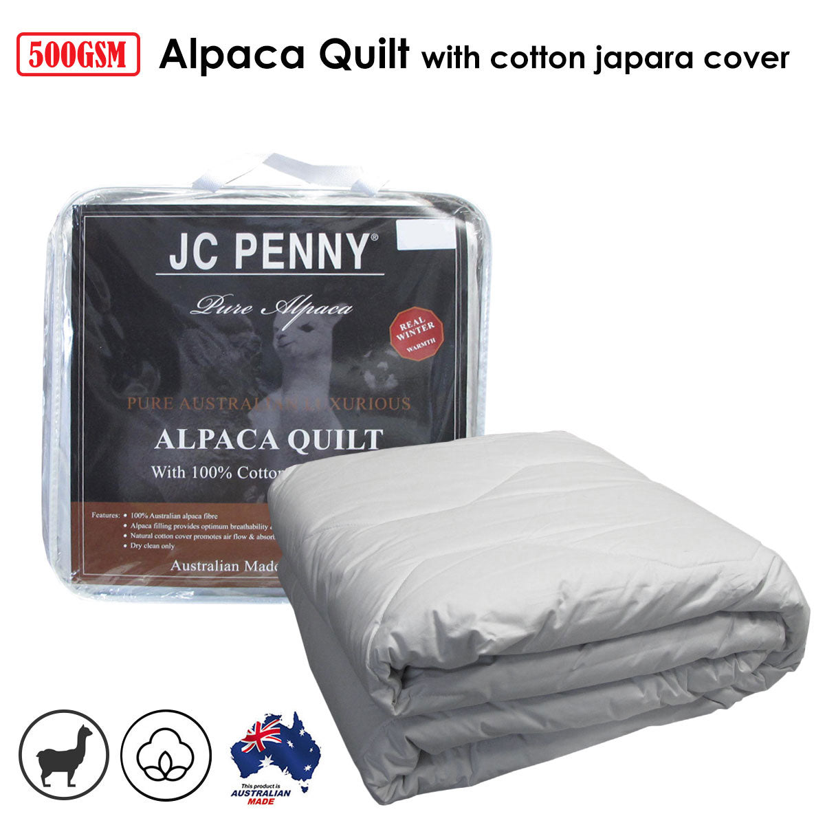 500GSM Alpaca Quilt with Cotton Japara Cover - King folded gray quilt displayed with clear packaging on white background