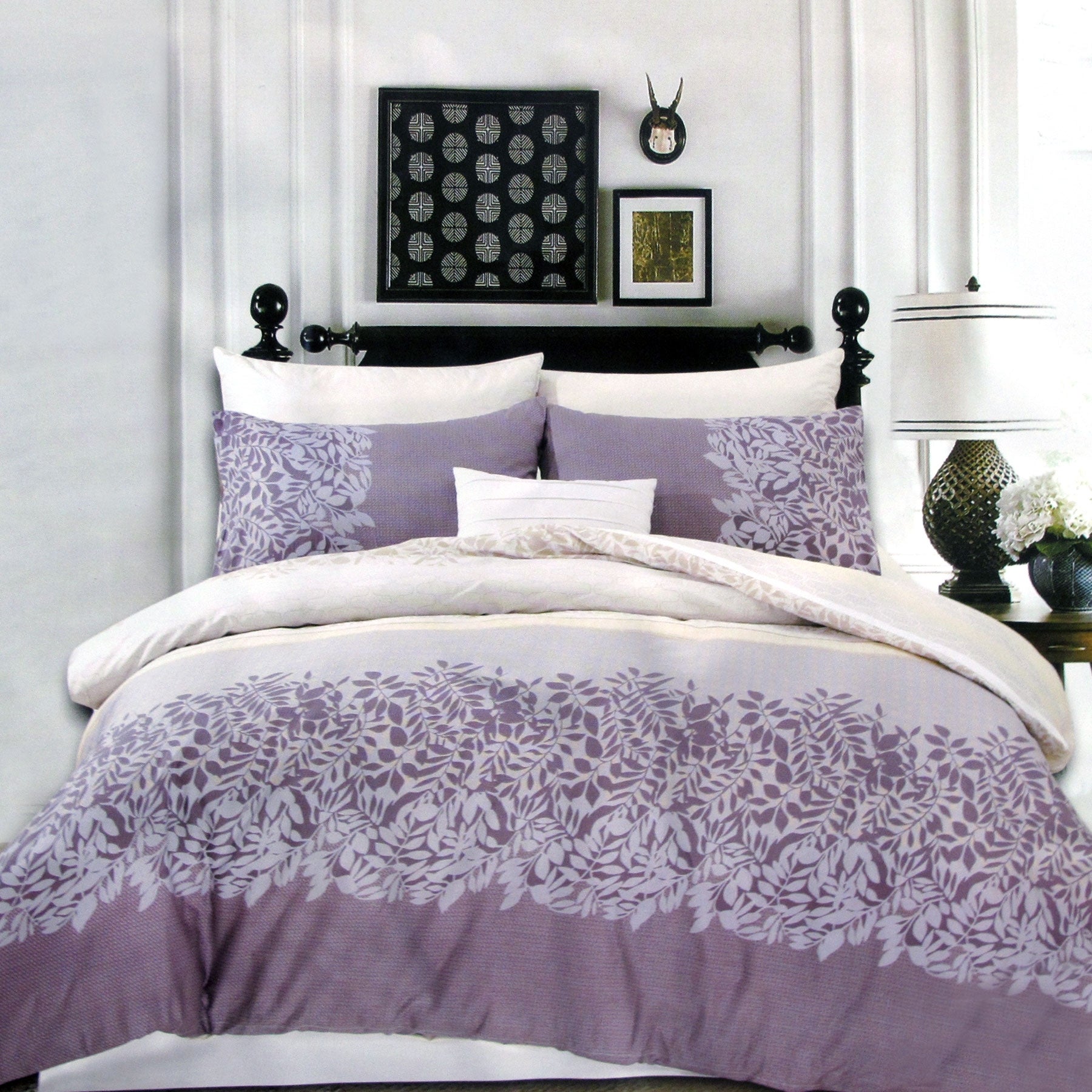 250TC Cotton Reversible Quilt Cover Set Alice's Garden Queen with mauve and cream leaf print on a bed in a styled bedroom