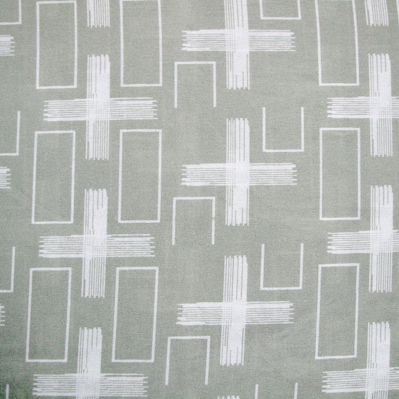 Close-up of Artex Silver Crosses Quilt Cover Set Queen featuring geometric white crosses and rectangles pattern on gray background
