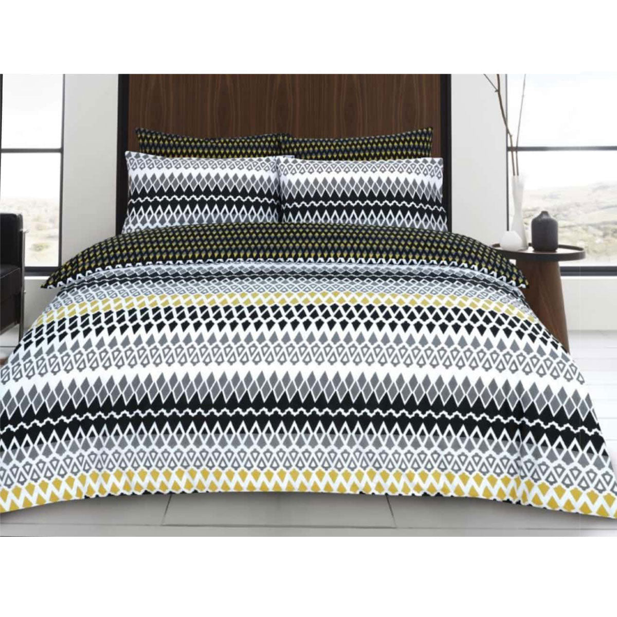 Gene Digital Black Quilt Cover Set King with geometric black, white, and yellow pattern on king bed in modern bedroom setting