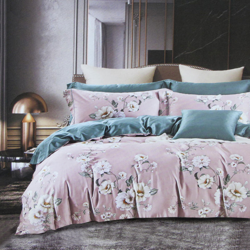 400TC Cotton Sateen Quilt Cover Set Grace King with pink floral design and teal accent pillows on bed by Bedzy