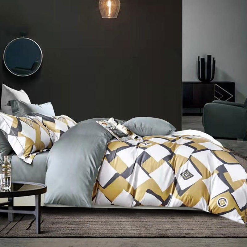 400TC Cotton Sateen Quilt Cover Set Modern Art King on bed with geometric pattern in muted tones in stylish bedroom setting