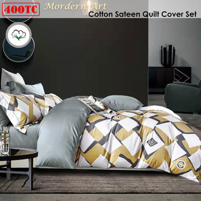 400TC Cotton Sateen Quilt Cover Set Modern Art King with geometric pattern in white, grey, and gold tones on styled bed display