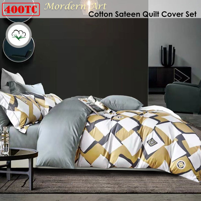 400TC Cotton Sateen Quilt Cover Set Modern Art King with geometric pattern in white, grey, and gold tones on styled bed display