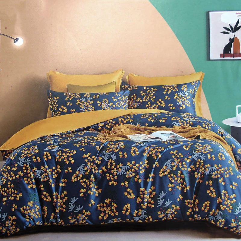 400TC Cotton Sateen Quilt Cover Set Xanthia Queen with floral navy and yellow design displayed on bed in bedroom setting