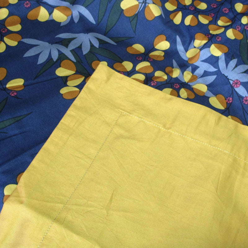 Close-up of 400TC Cotton Sateen Quilt Cover Set Xanthia Queen with floral navy and yellow print for bedroom decor