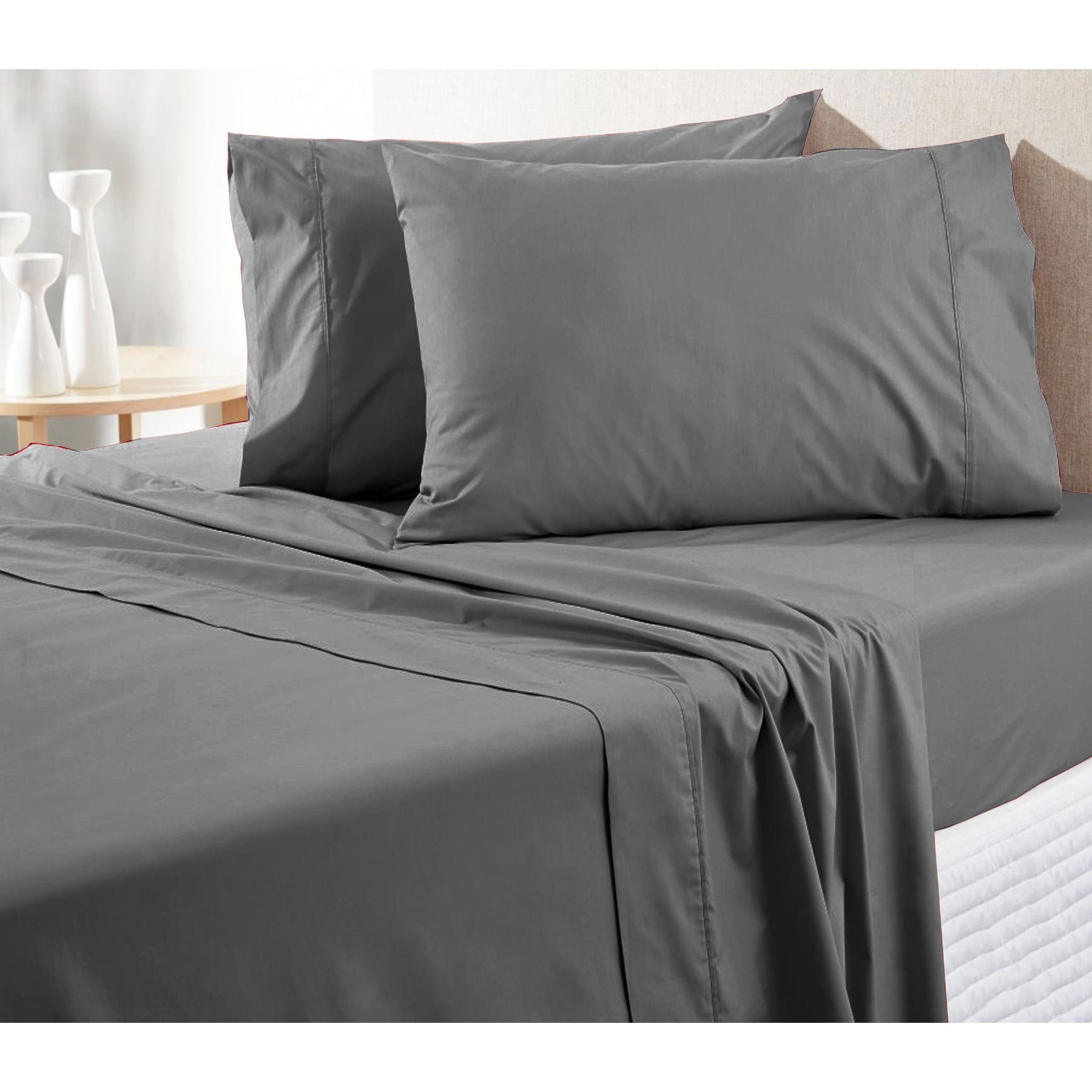 300TC Pure Cotton Sheet Set Queen Grey smoothly fitted on bed with matching pillowcases in a bedroom setting