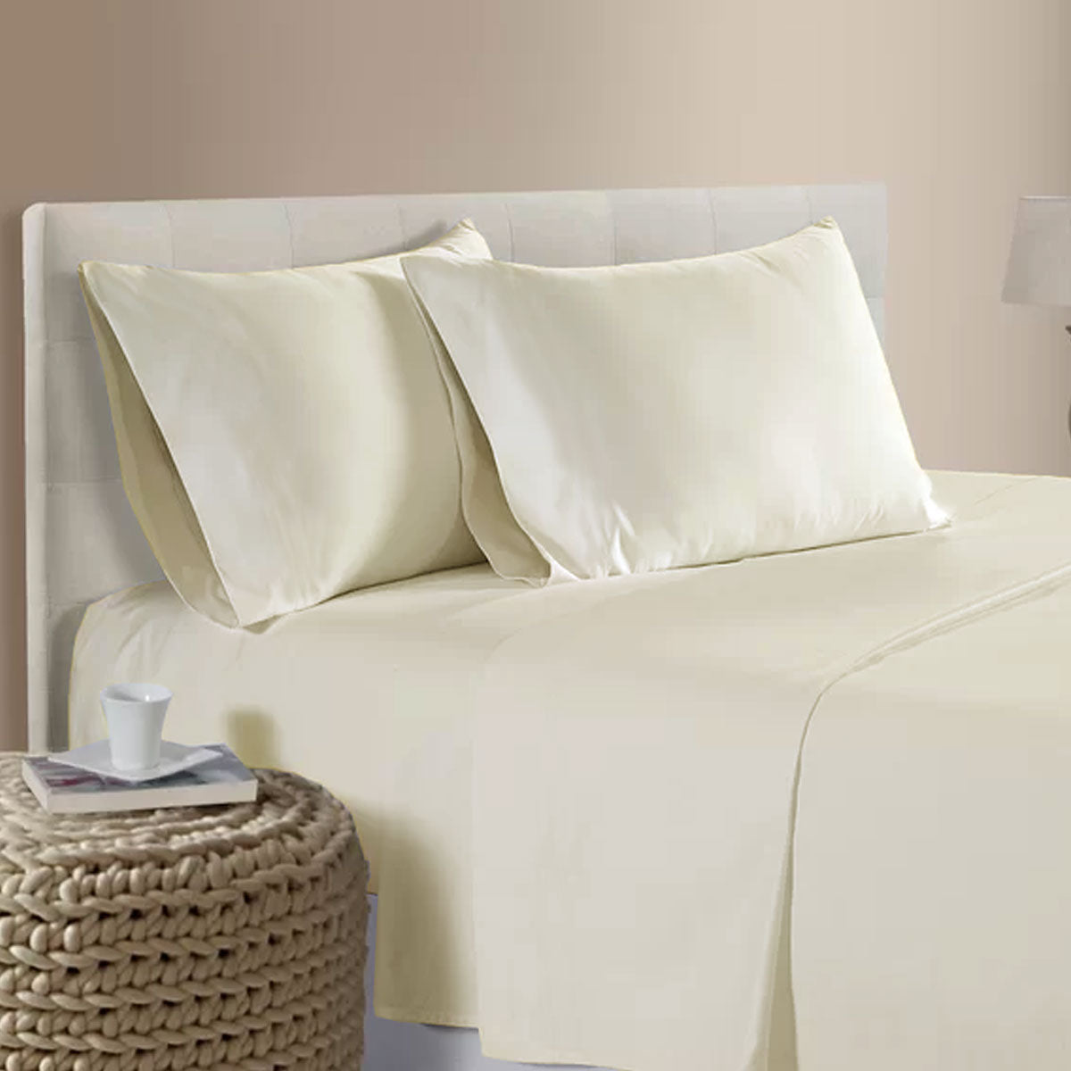400TC Bamboo Cotton Sheet Set Cream Queen on bed with matching pillowcases and neutral headboard in bedroom setting