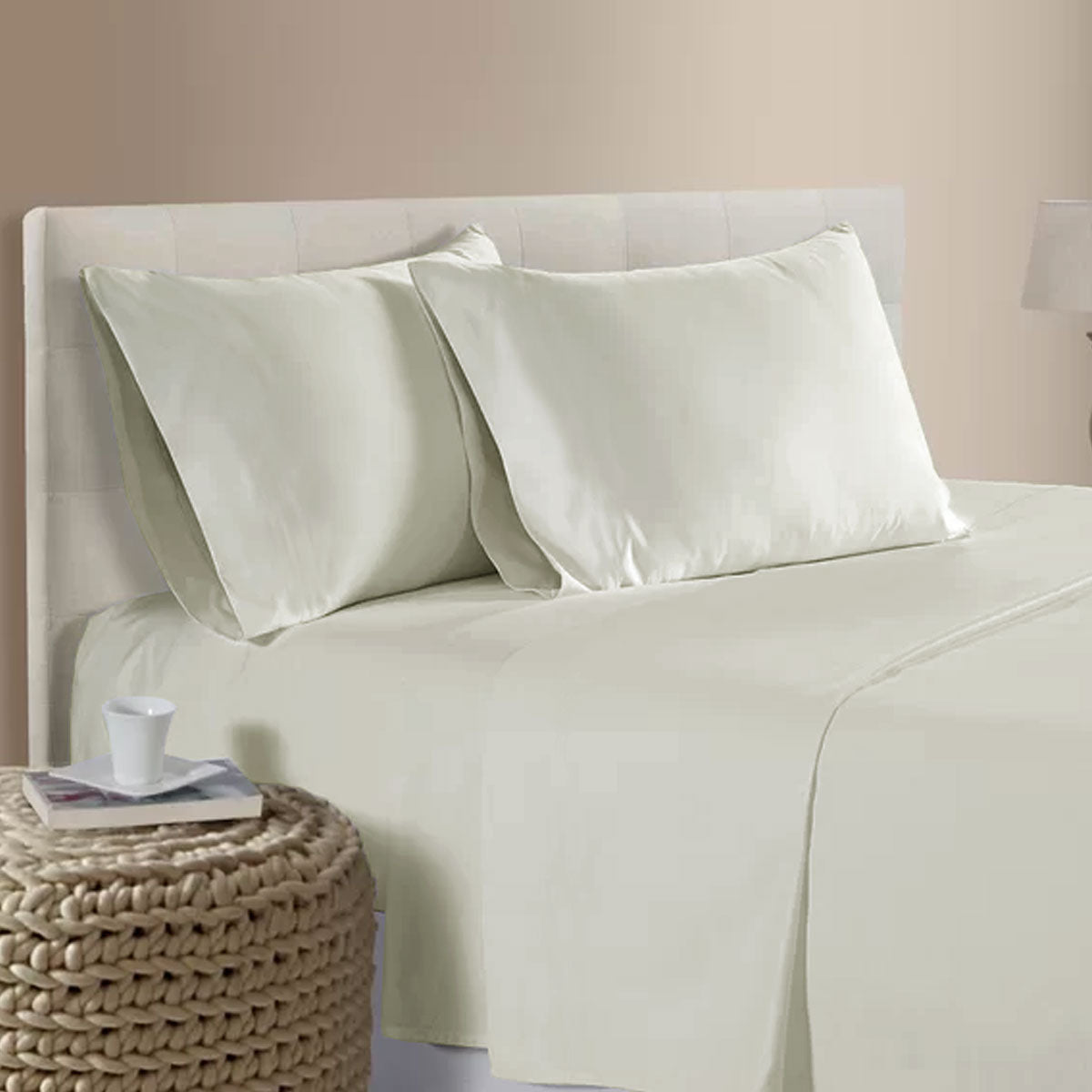 400TC Bamboo Cotton Sheet Set Ivory Queen on a neatly made bed with two matching pillowcases in a bedroom setting