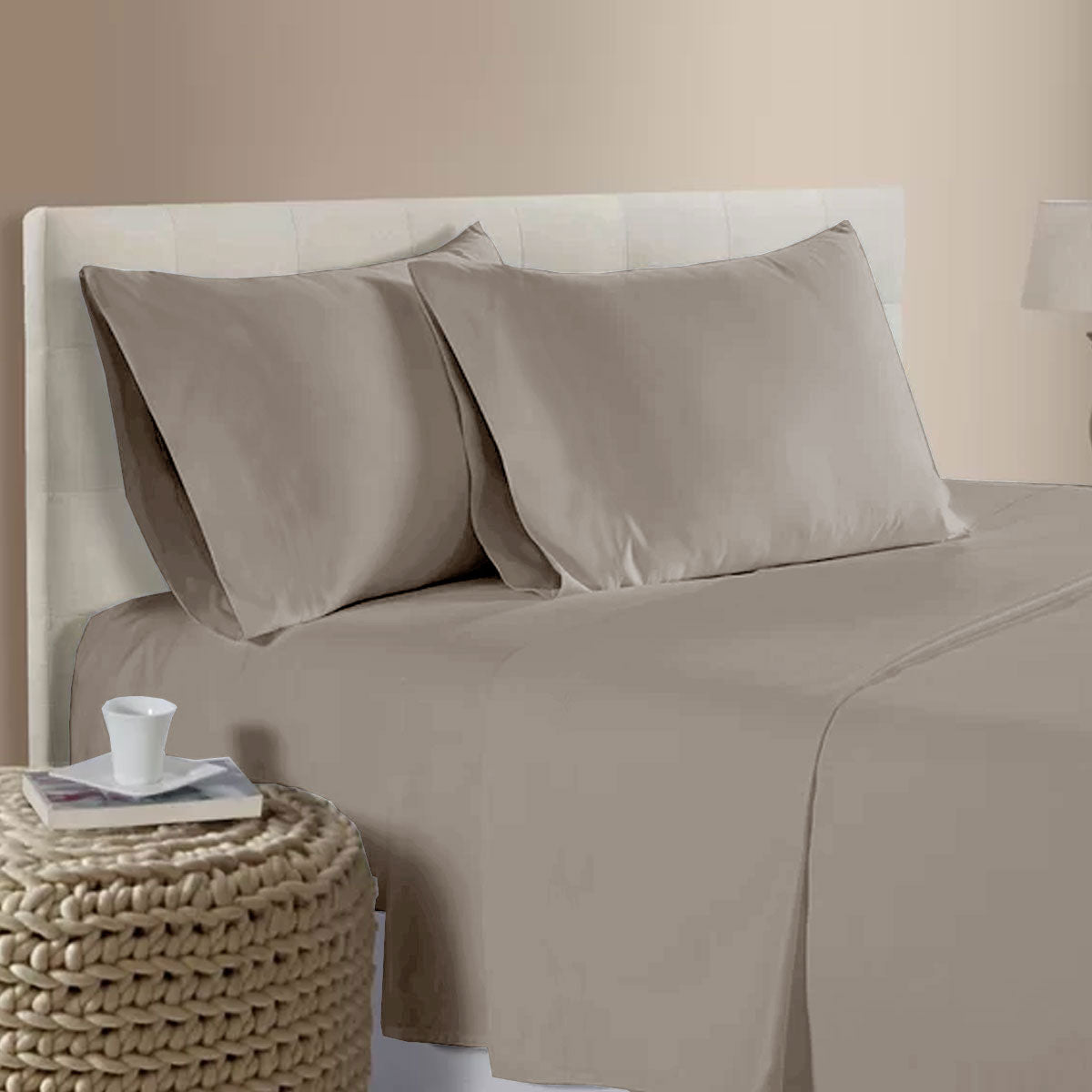 400TC Bamboo Cotton Sheet Set Tan Queen with smooth pillowcases and fitted sheet on white upholstered bed