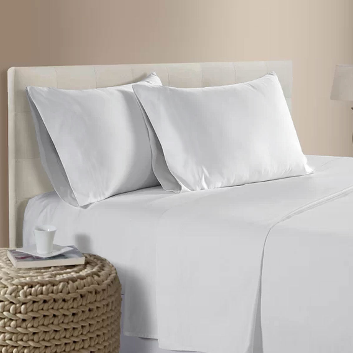 400TC Bamboo Cotton Sheet Set White Double on bed with matching pillows and beige upholstered headboard in bedroom setting
