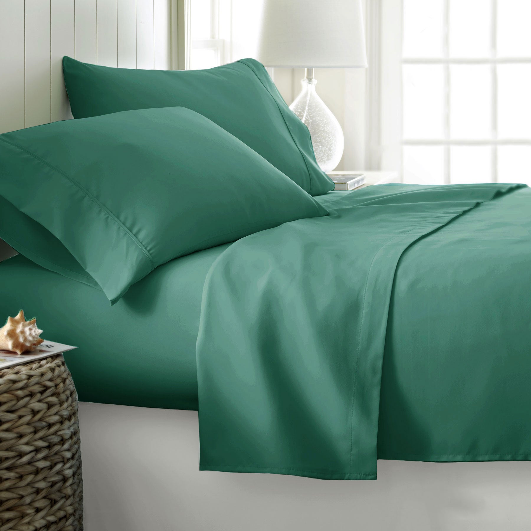 400TC Cotton Sateen Sheet Set King Teal on bed with pillowcases in a bright bedroom setting with natural light