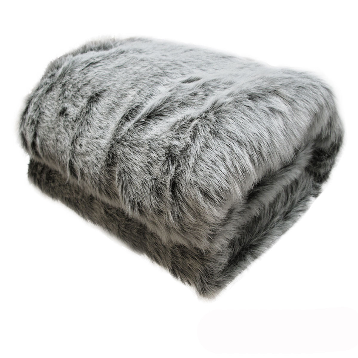 Sia Luxury Range Faux Fur Throw Rug 127 x 152 cm Mongolian Wolf in gray folded on white background for bedroom comfort