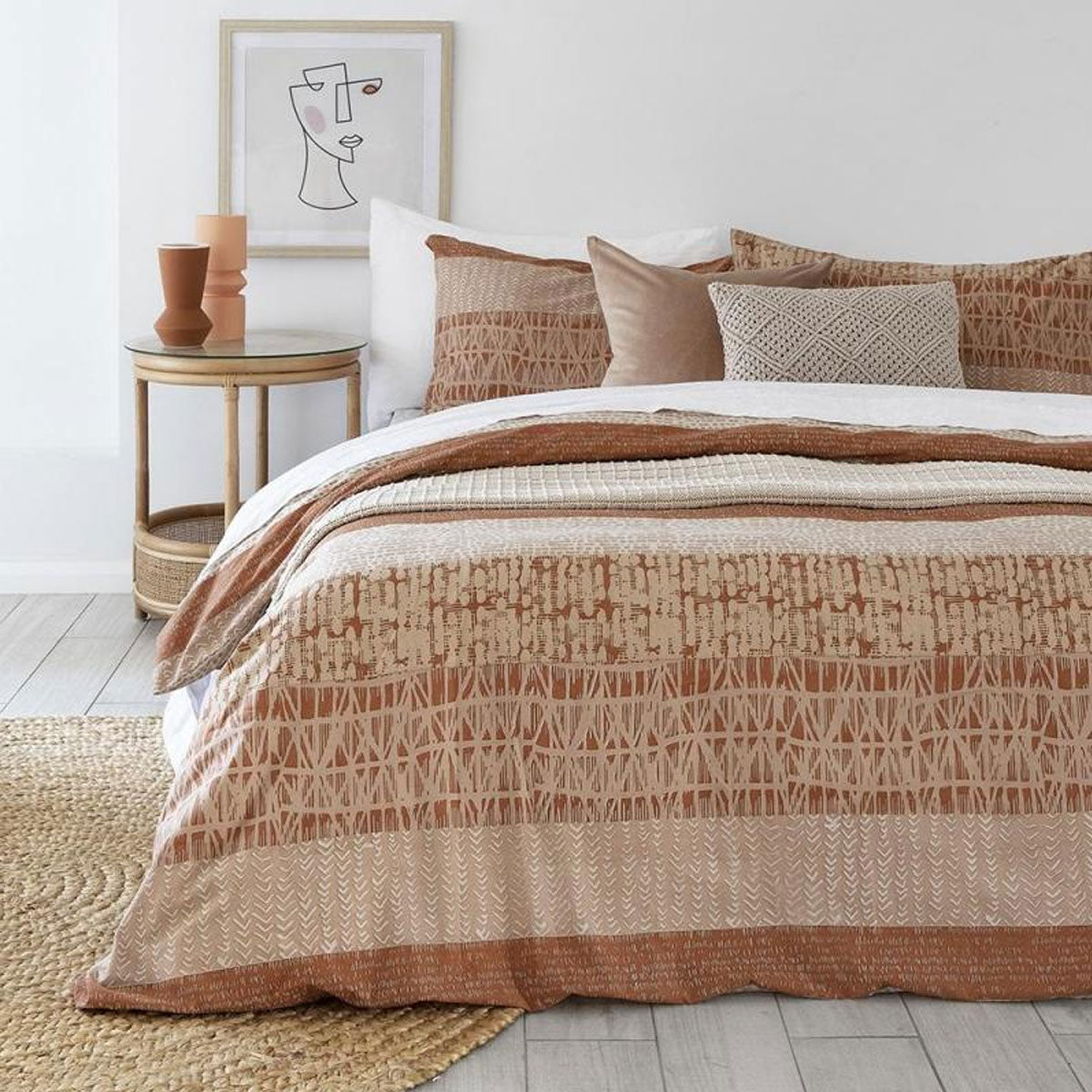 Terracotta Cotton Polyester Quilt Cover Set Queen displayed on bed with decorative pillows in styled bedroom setting