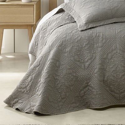 Bianca Zaria Taupe Embroidered Bedspread Set King with elegant medallion design on soft taupe fabric in bedroom setting