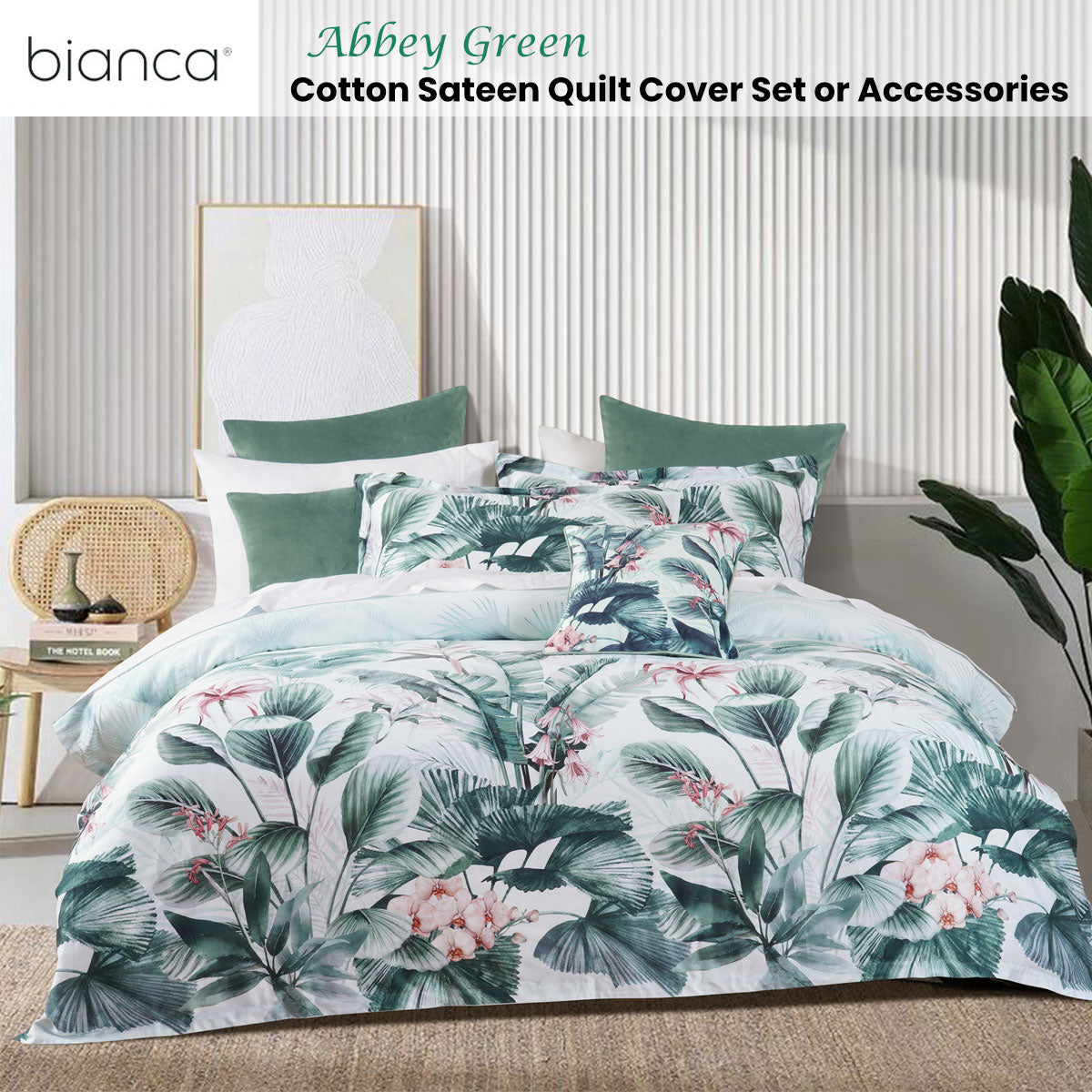 Bianca Abbey Green Cotton Sateen Tropical Floral Quilt Cover Set Double on styled bed with green cushions and rattan chair