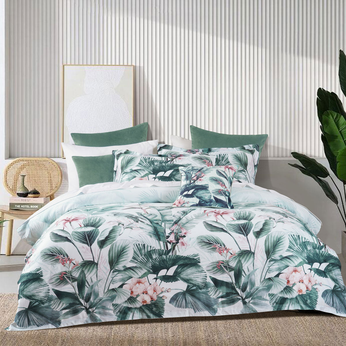 Bianca Abbey Green Cotton Sateen Tropical Floral Quilt Cover Set Queen on styled bed with green pillows and neutral decor