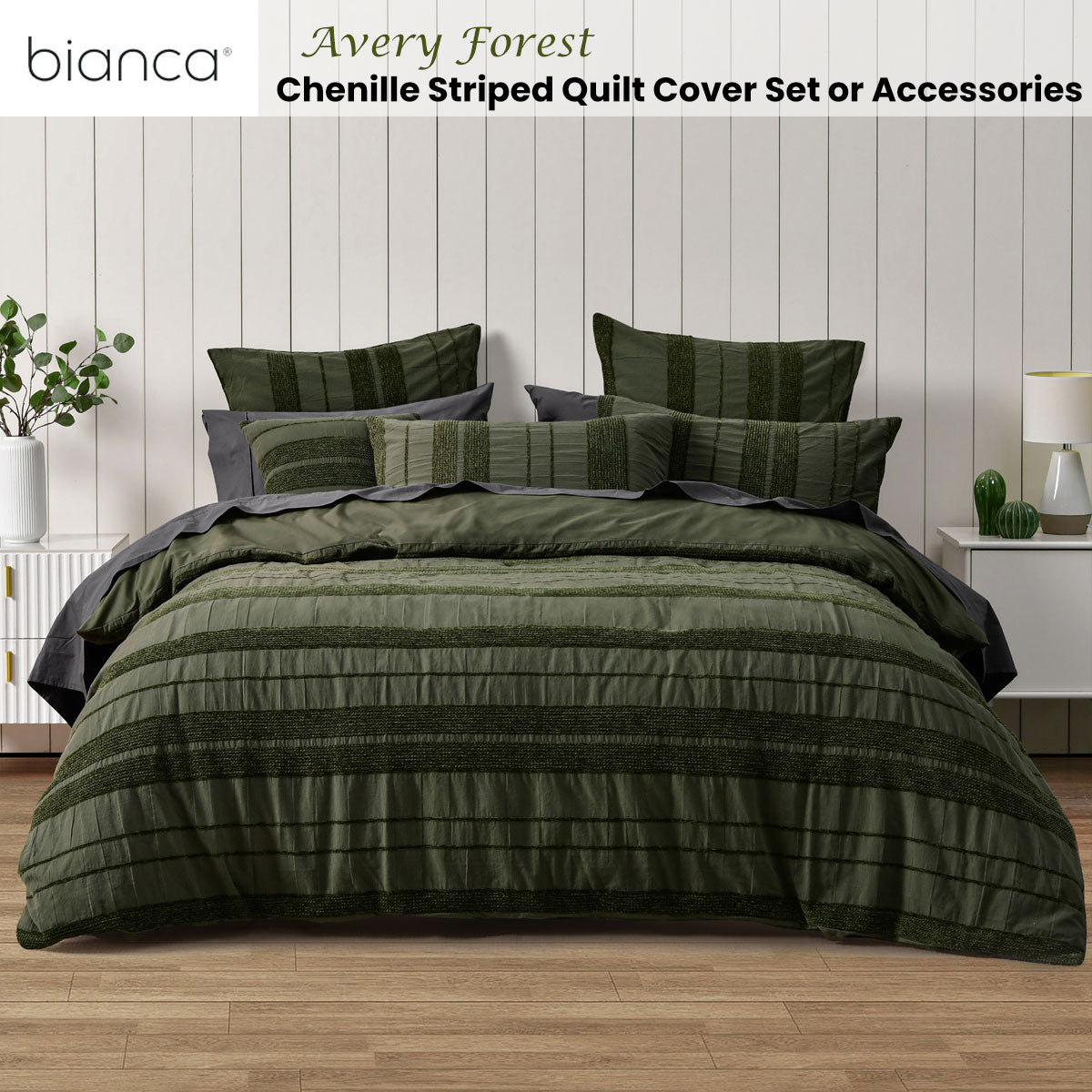 Bianca Avery Forest Chenille Striped Quilt Cover Set King in forest green with horizontal chenille stripes on king bed