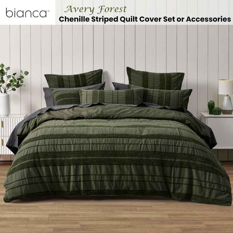 Bianca Avery Forest Chenille Striped Quilt Cover Set King in forest green with horizontal chenille stripes on king bed