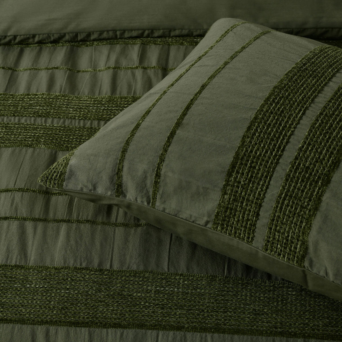 Bianca Avery Forest Chenille Striped Quilt Cover Set King with soft chenille stripes in forest green for bedroom bedding by Bedzy