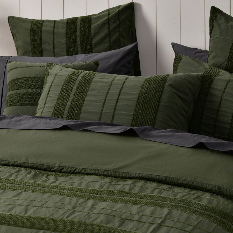 Bianca Avery Forest Chenille Striped Quilt Cover Set Queen in forest green with textured chenille stripes on bedding and pillows