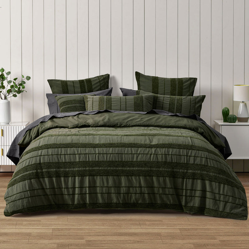 Bianca Avery Forest Chenille Striped Quilt Cover Set Super King in forest green with soft textured horizontal stripes in a modern bedroom setting