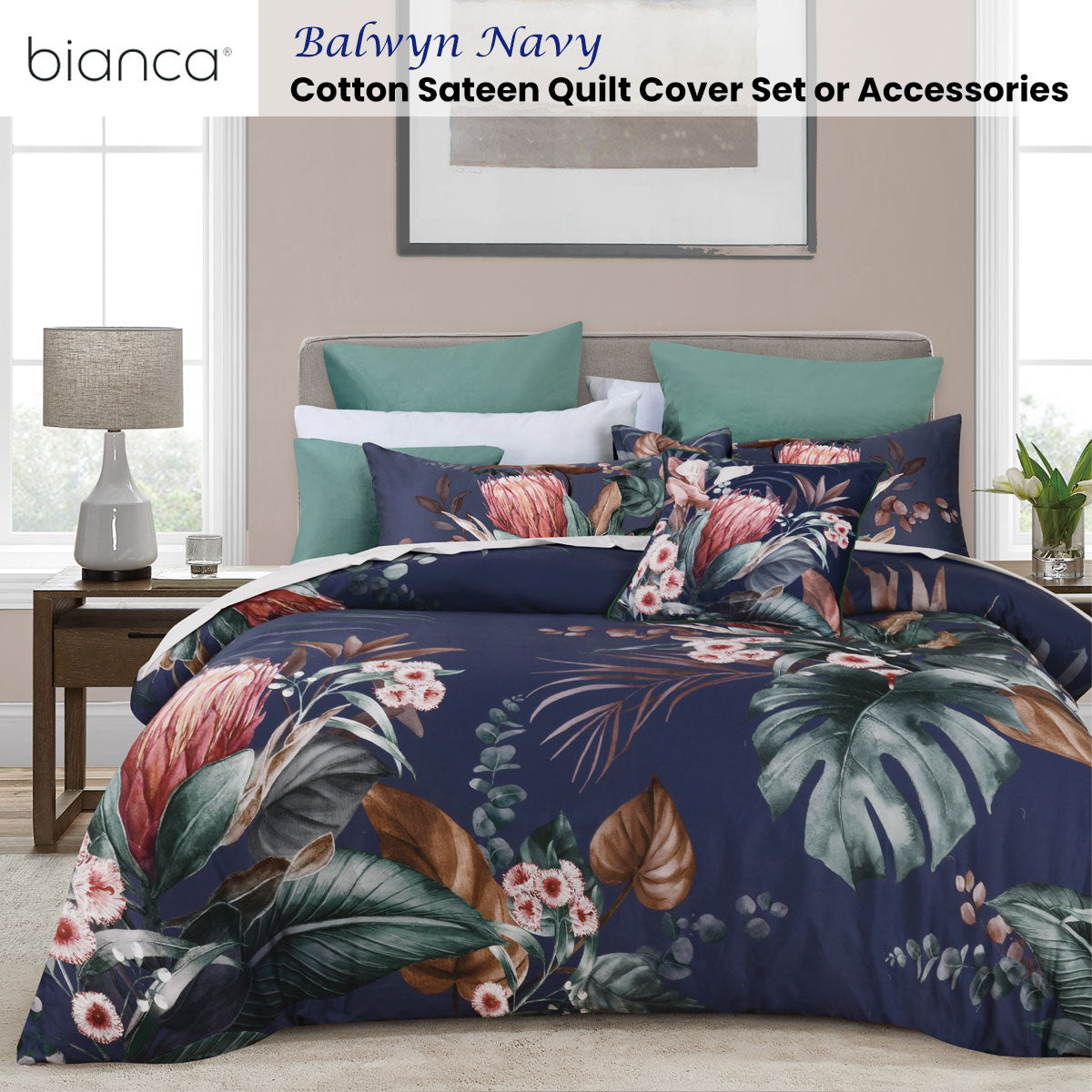 Bianca Balwyn Navy Cotton Sateen Botanical Quilt Cover Set Queen with floral print bedding in a modern bedroom setting