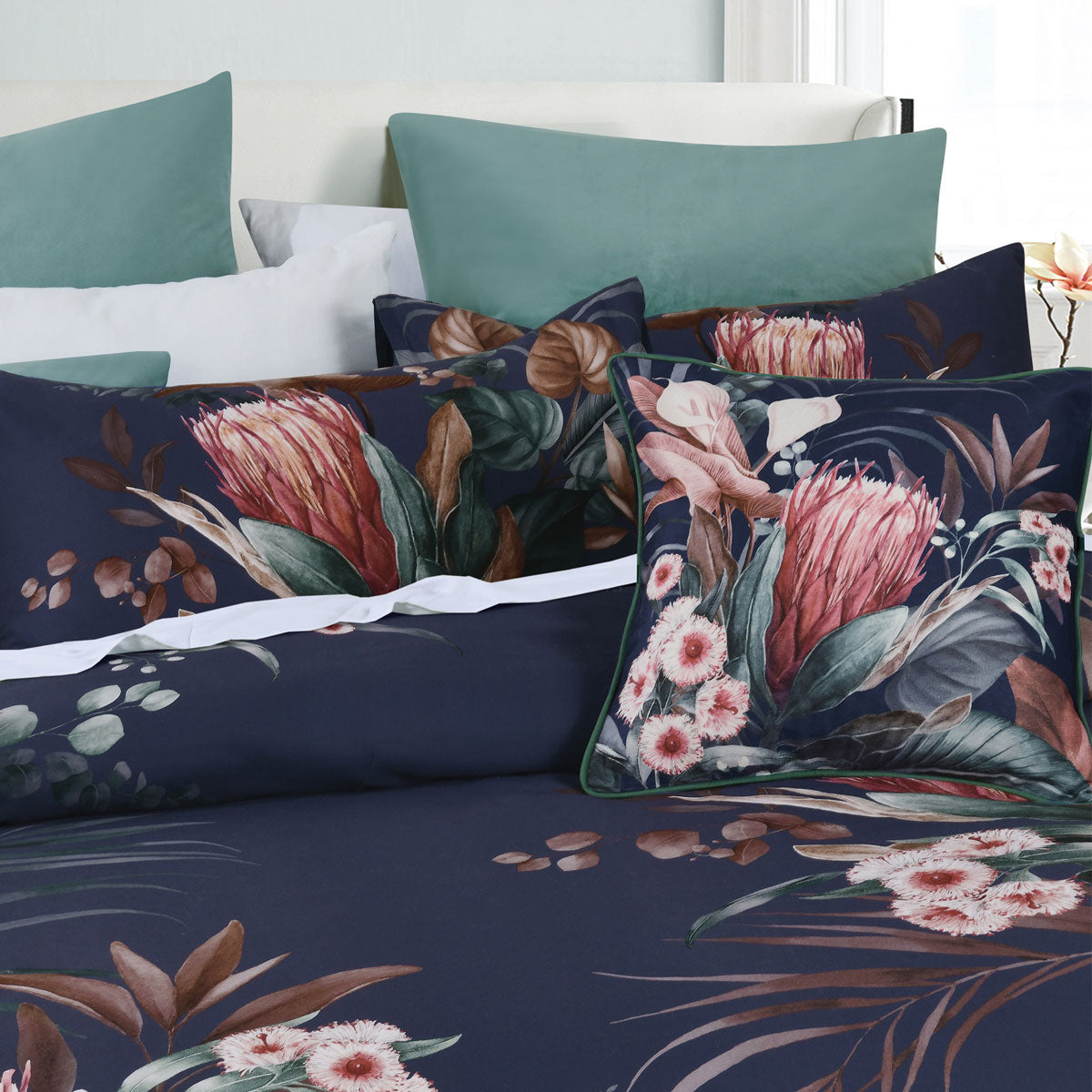 Bianca Balwyn Navy Cotton Sateen Botanical Quilt Cover Set Queen with navy botanical print on bed by Bedzy