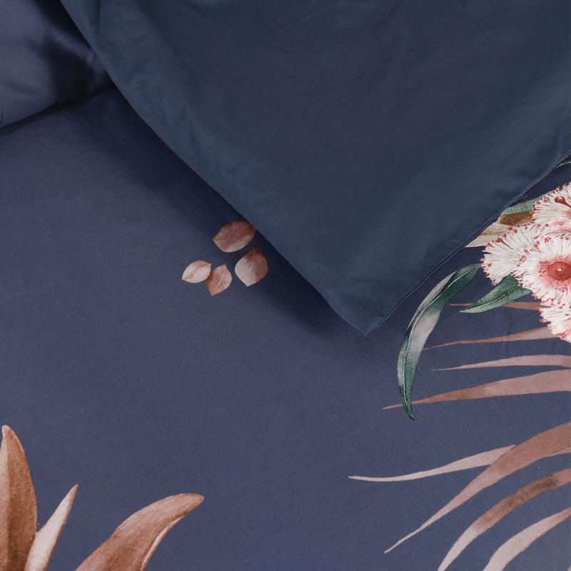 Bianca Balwyn Navy Cotton Sateen Botanical Quilt Cover Set Queen with floral design on navy fabric by Bedzy