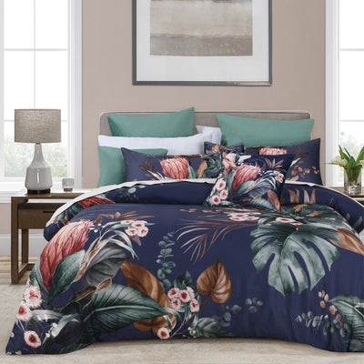 Bianca Balwyn Navy Cotton Sateen Botanical Quilt Cover Set Super King on bed with floral navy design in bedroom setting