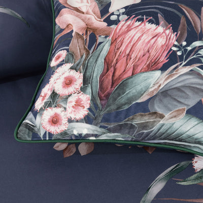 Close-up detail of Bianca Balwyn Navy Cotton Sateen Botanical Quilt Cover Set Super King showing floral print on navy fabric