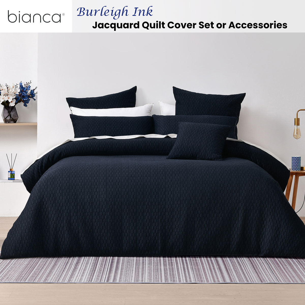 Bianca Burleigh Ink Jacquard Quilt Cover Set King in dark ink with textured design, styled on a modern bed in bedroom setting