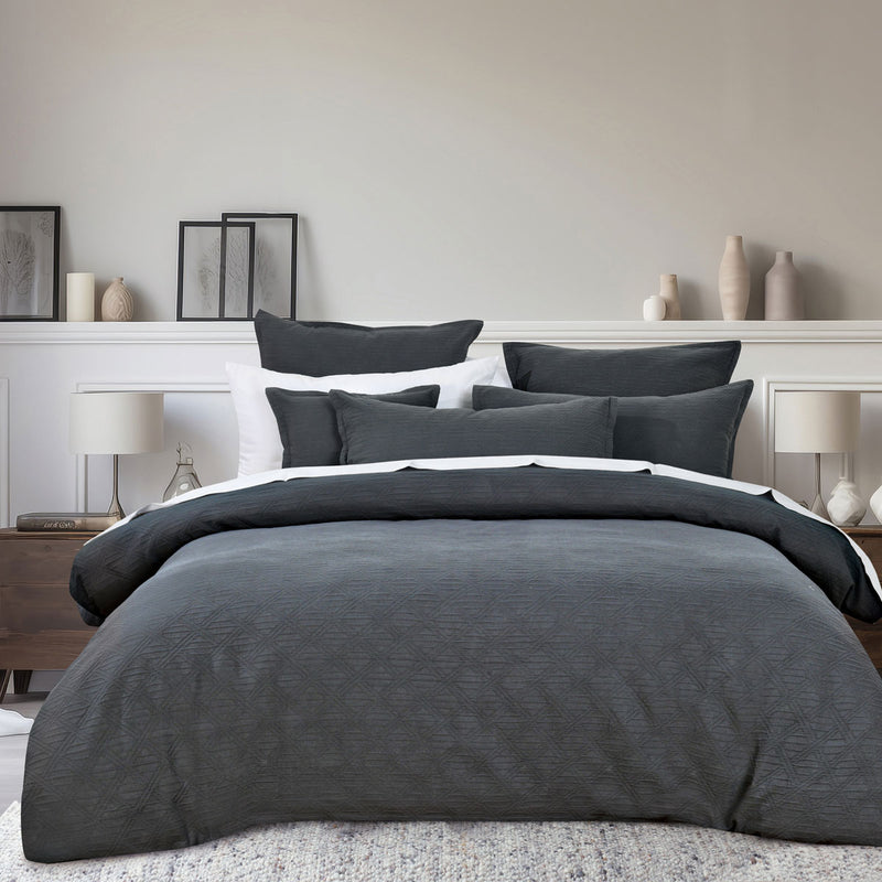 Bianca Hallston Charcoal Pre-Washed Cotton Quilt Cover Set King on bed with matching cushions in stylish bedroom setting