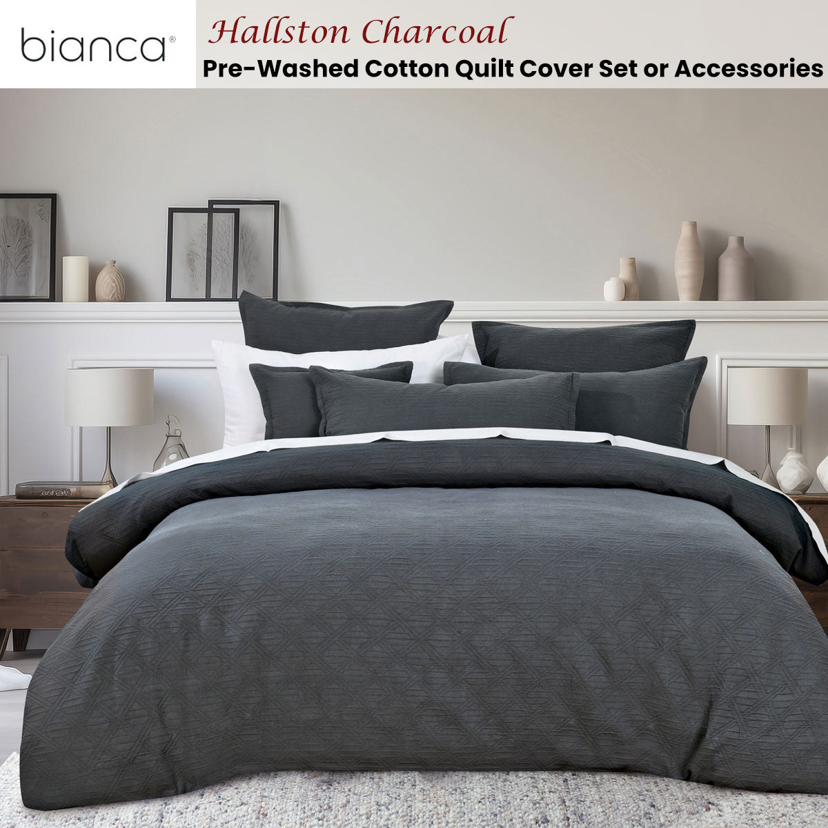 Bianca Hallston Charcoal Pre-Washed Cotton Quilt Cover Set Queen on bed with matching pillowcases in bedroom setting