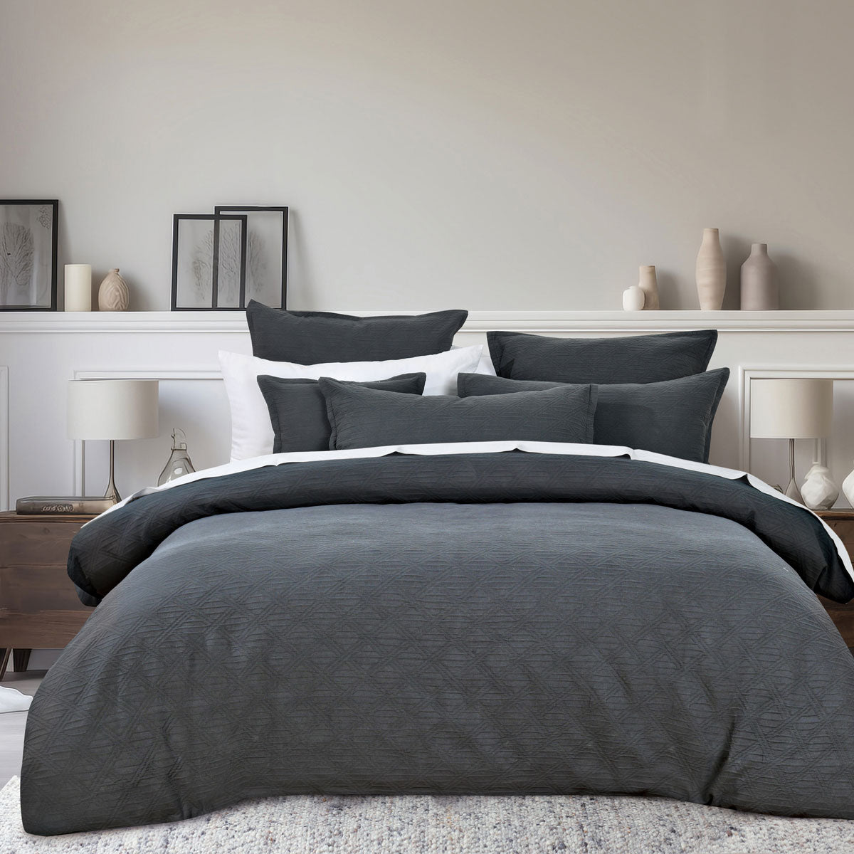 Bianca Hallston Charcoal Pre-Washed Cotton Quilt Cover Set Super King on bed with multiple matching pillows in modern bedroom setting