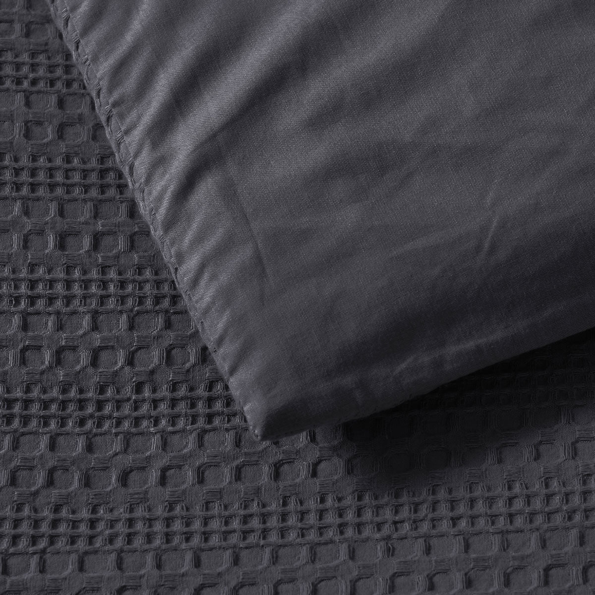 Bianca Kahlani Charcoal Waffle Quilt Cover Set King showing textured waffle fabric and smooth pillowcase in charcoal color
