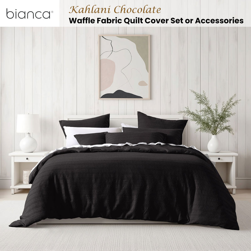 Bianca Kahlani Chocolate Waffle Quilt Cover Set Queen in chocolate waffle fabric on queen bed in modern bedroom setting