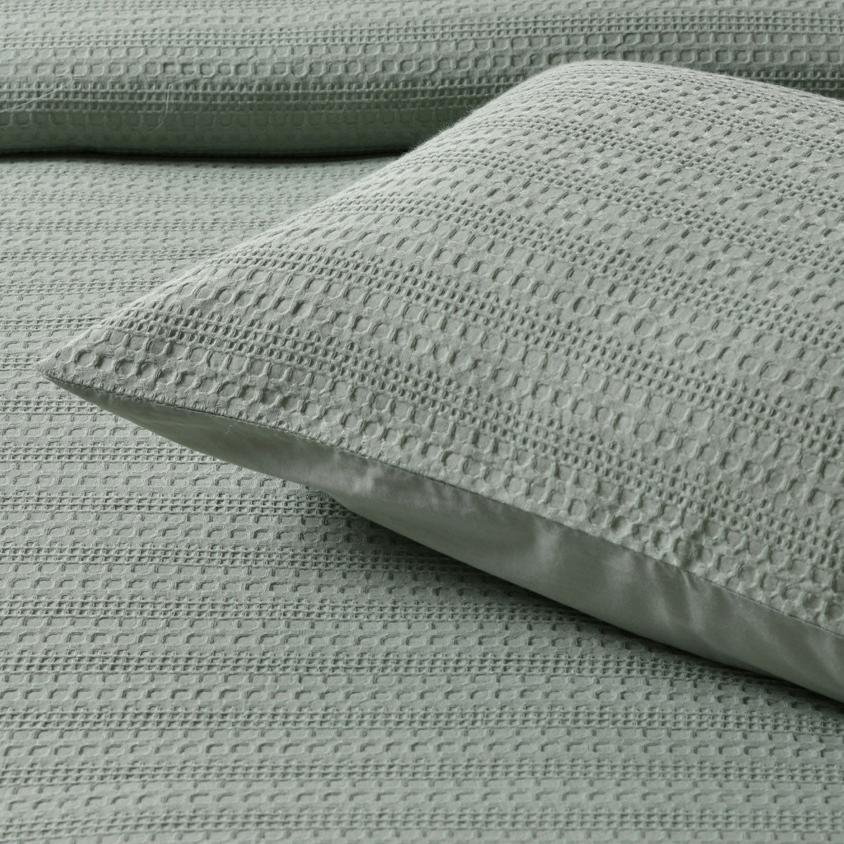 Bianca Kahlani Sage Waffle Quilt Cover Set Double with textured horizontal jacquard pattern in sage color
