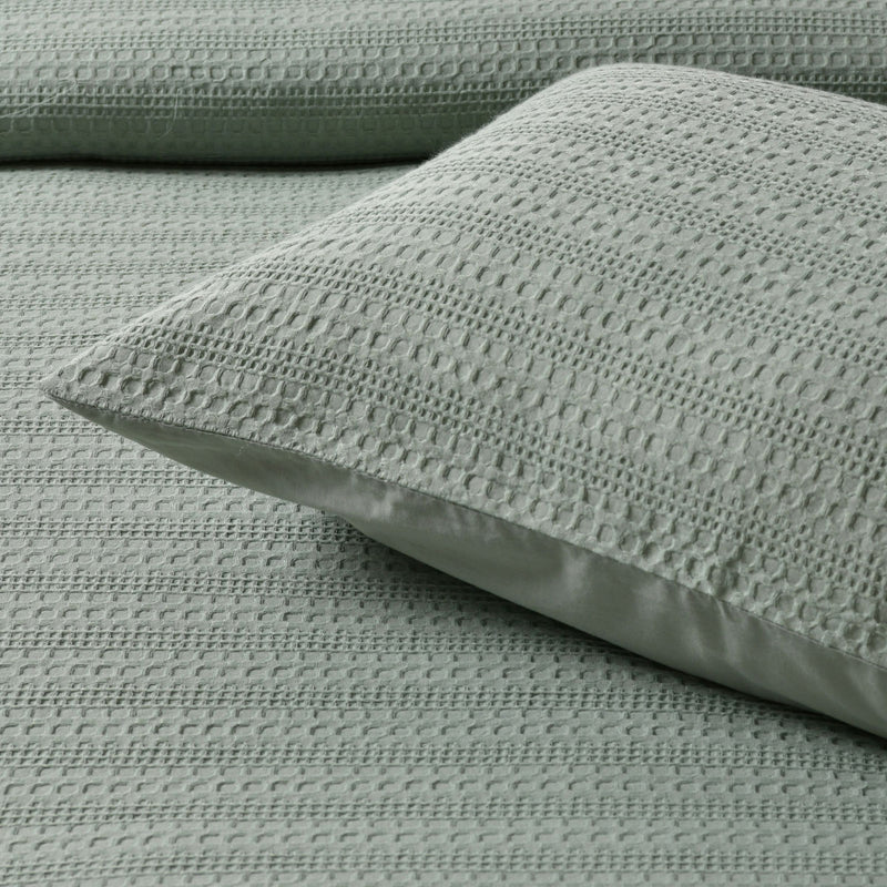 Bianca Kahlani Sage Waffle Quilt Cover Set Double with textured horizontal jacquard pattern in sage color